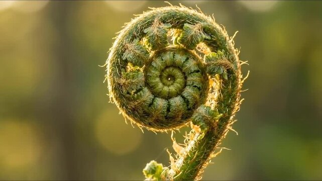 Unfurling Green Fern Fiddlehead in Warm Sunlight