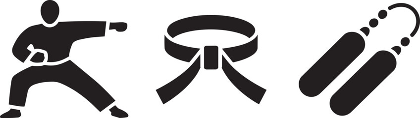 Martial arts icons karate figure belt nunchucks isolated on transparent background vector © MC Creative