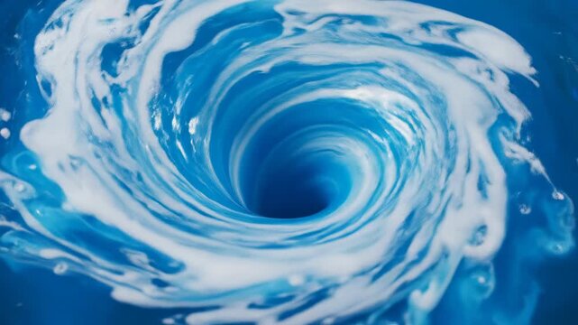 Seamlessly looping abstract motion graphics visualization of a clear blue fluid being purified by a bright white swirling cleaning agent creating a vortex futuristic, white, modern