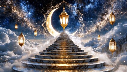 Digital art of a staircase leading to a golden lantern, crescent moon, and starry night sky with clouds. Elegant, mystical, and ethereal atmosphere.