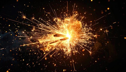 Obraz premium Brilliant explosion of golden sparks against a dark night sky background.