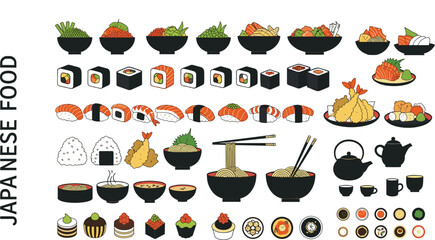 Professional vector illustration set of traditional Japanese food including sushi rolls, sashimi, ramen, tempura, and tea for restaurant branding © MDShakhawat