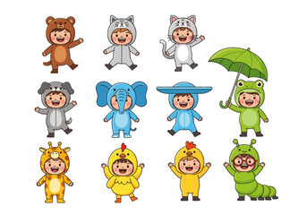 Obraz premium Set of cute children wearing various animal costumes. Flat vector illustration of happy kids in dog, bear, cat, elephant, frog, giraffe, chicken, and caterpillar outfits on white background.