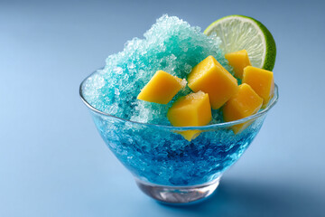マンゴーとライムを添えた青いトロピカルかき氷