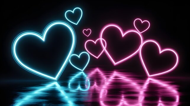 Neon Love Heart Background, Romantic Valentine Light Concept, Glowing Pink Blue Heart Shapes