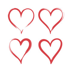 Four red hand drawn heart shapes isolated on white background