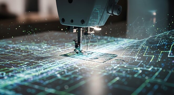 Conceptual fusion A sewing machine needle stitches a luminous digital circuit pattern, symbolizing the intricate integration of craft and advanced data technology