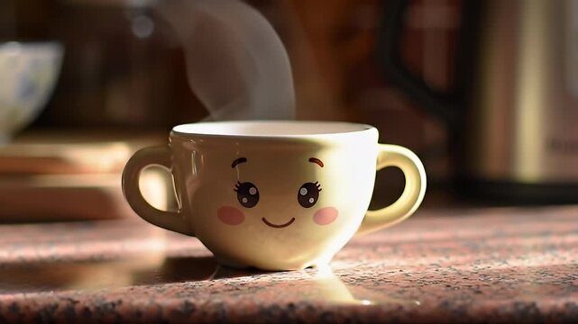 Steaming cup with smiling cartoon face sits on a marble countertop in kitchen