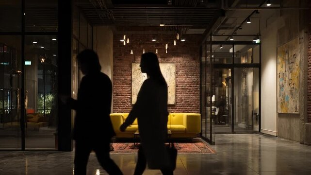 Modern interior lobby with yellow sofa and decorative lighting