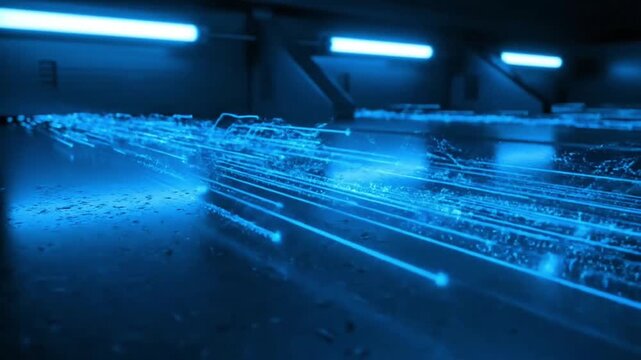 Abstract digital data streams flowing over metallic surface, glowing blue industrial lights, futuristic factory automation theme, seamless loop, Full HD, no sound.