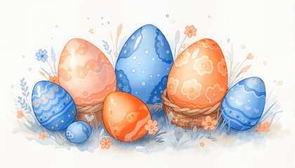 set of easter eggs handmade Watercolor painting illustration blue orange peach fuzz
