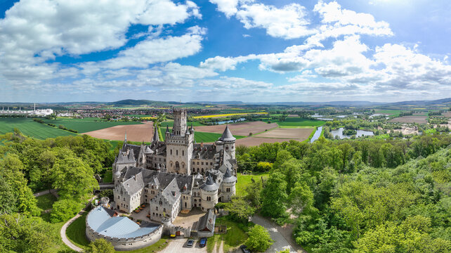 Aerial view of Marienburg Castle, a neo-Gothic castle in Pattensen, Hanover Region, Lower Saxony, Germany