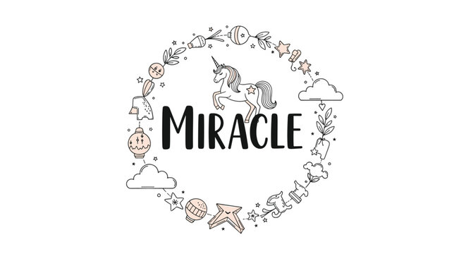 Magical unicorn illustration inside a decorative circular frame of celestial elements and stars with the word miracle.