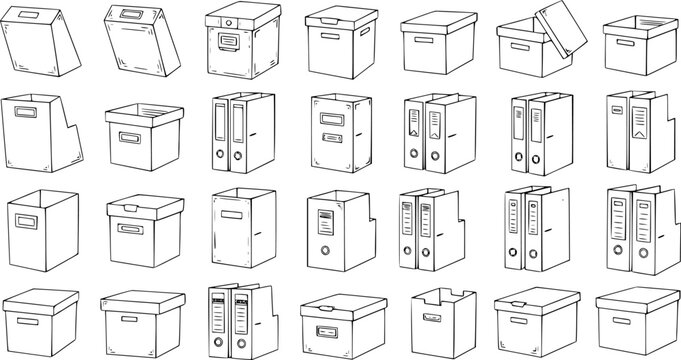 Hand-drawn doodle set of office storage solutions. Black and white line art illustrations of various archive boxes, file binders, and document folders for business organization.