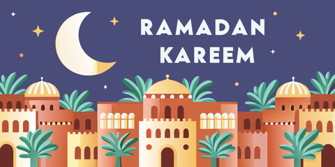 Ramadan kareem greeting with a crescent moon and cityscape illustration © Rubel