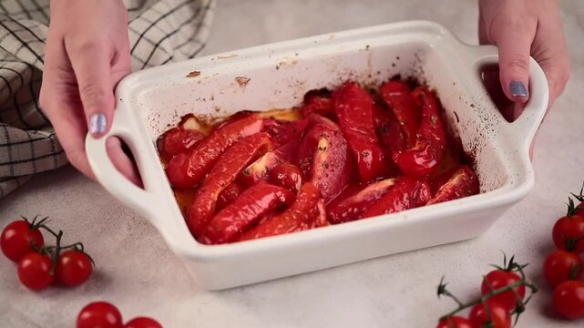 Baked tomatoes and bell peppers with garlic and herbs in ceramic form. Female hands putting a form with tomatoes and peppers on the table