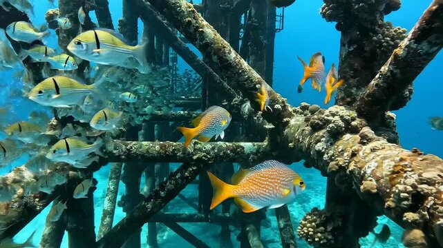 Seamlessly looping abstract motion of colorful small tropical fish swimming through the submerged geometric structural framework of a large drilling platform submerged, texture, structure