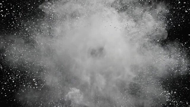 Seamlessly looping abstract motion of fine white chalk dust particles swirling and floating against a pure black background dynamic, smoke, clean
