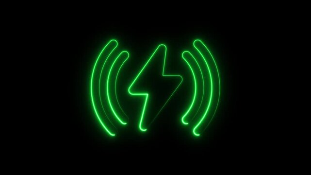Neon battery charging icon animation on the black background. Glowing battery fast charging. Neon Bolt icon Animation. Flash neon sign. Lighting strike flash animation. Charge flash icon