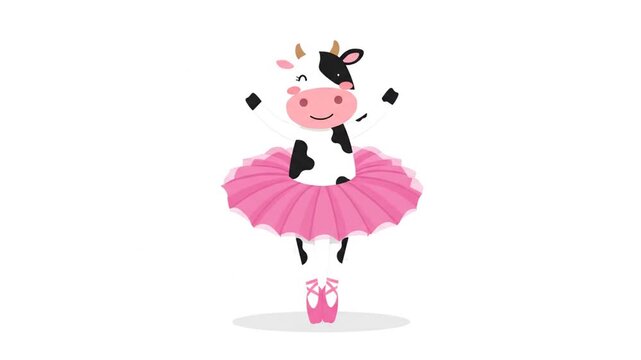 A cartoon cow in a pink tutu dancing ballet on a white background with a graceful ballet pose