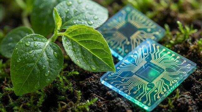 Green Technology: Sapling and Circuit Board in Soil, Nature Meets Innovation
