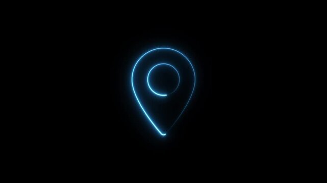 Abstract location glowing neon icon fast tracking map pin icon animation on black background.