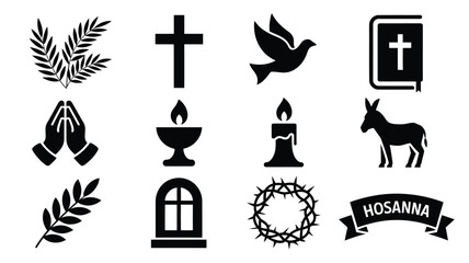 Elegant palm sunday silhouette bundle religious symbols and icons for worship and reflection © Pronab