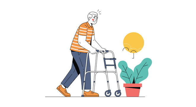 Elderly man using a metal walker to move outdoors on a sunny day near a bright yellow sun and a potted green leaf plant.