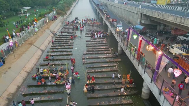 Ludhiana, Punjab, India, October 27 2025, Aerial view of Chhath Puja in Satluj River and Dugri Nahar