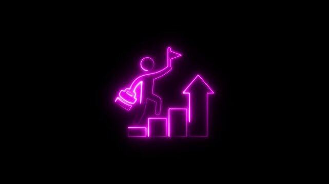 Glowing neon line of man conquering mountain peak icon isolated on transparent background Business concept of victory, success, goal achiever Success icon animation with neon shine on black background
