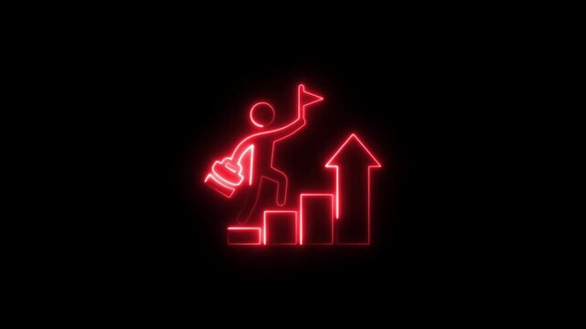 Glowing neon line of man conquering mountain peak icon isolated on transparent background Business concept of victory, success, goal achiever Success icon animation with neon shine on black background