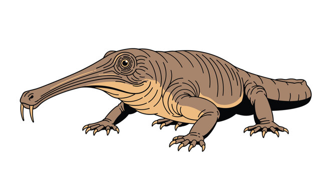 Detailed realistic illustration of an ancient prehistoric mammal-like reptile with a long snout and tusks in a standing pose.