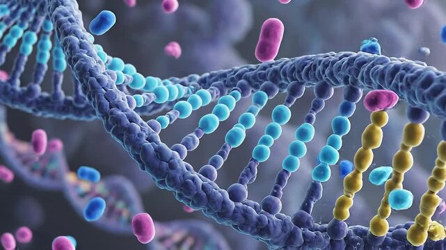 3D animation of DNA double helix repairing and replicating as glowing colorful molecular particles attach to the genetic strand in a microscopic environment.