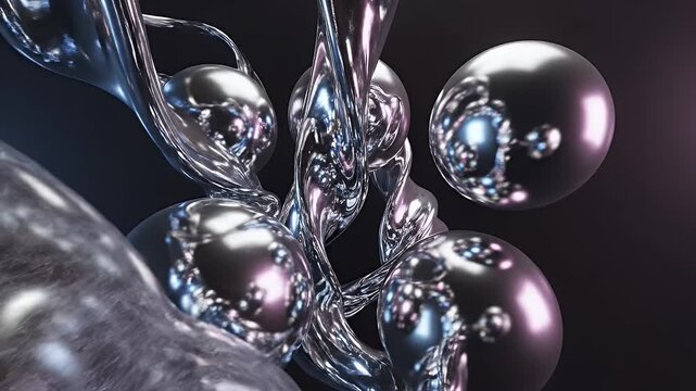 Chrome Abstract Metallic Forms - This video features abstract chrome forms with metallic spheres floating against a dark background.