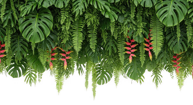 3d lush tropical foliage with red bromeliads isolated on transparent background