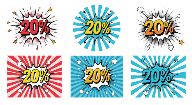 Collection of 20 percent off sale labels in a dynamic retro comic book style with various bright radial backgrounds and bursts.