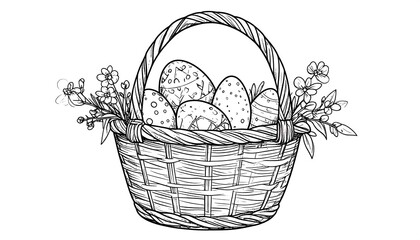 Fototapeta premium Cesta con huevos decorados en ilustración lineal estilo grabado en blanco y negro