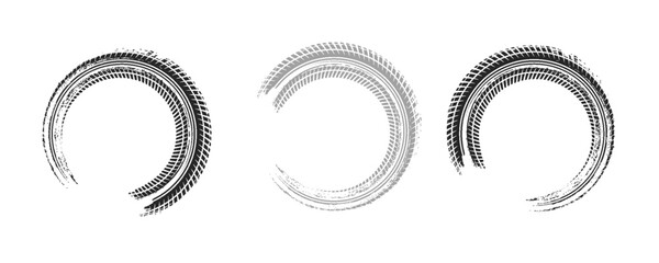 Auto tire tread grunge circle frames set. Car and motorcycle tire pattern, wheel tyre tread track. Black tyre round border. Vector illustration isolated on white background. © ifon