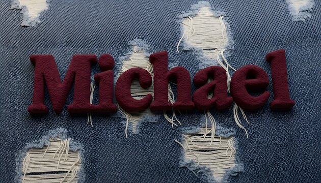A 3D rendered burgundy velvet "Michael" logo set against a high-texture backdrop of distressed, ripped blue denim with frayed white threads.