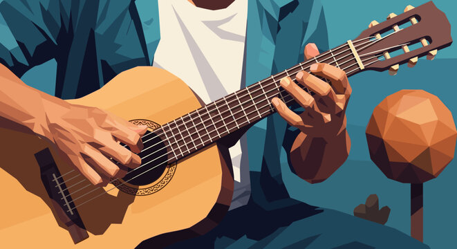Close-up of hands playing acoustic guitar in a low-poly, stylized art style Low Polygonal