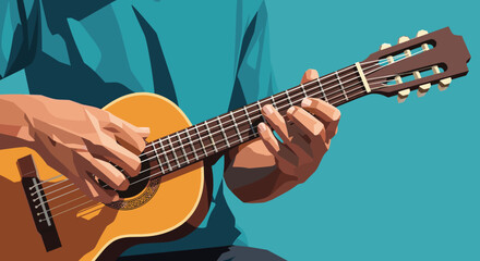 Obraz premium Close-up of hands playing a classical guitar with a vibrant teal background Low Polygonal