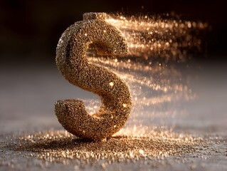 The golden dollar sign shimmers and dissolves into sparkling dust, symbolizing wealth, prosperity, and the fleeting nature of money.