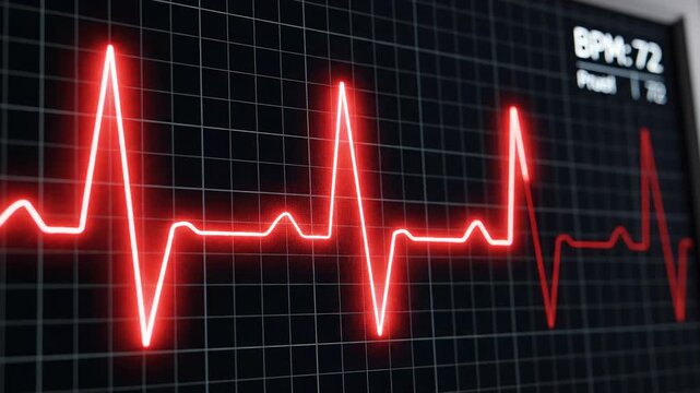 Red Heartbeat ECG Monitor Display with BPM 72 Reading and Grid Lines on Black Background