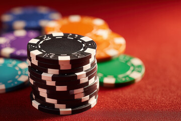 Casino chips on red table