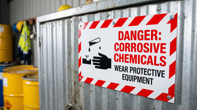 Danger Corrosive Chemicals Wear Protective Equipment Sign at Chemical Storage