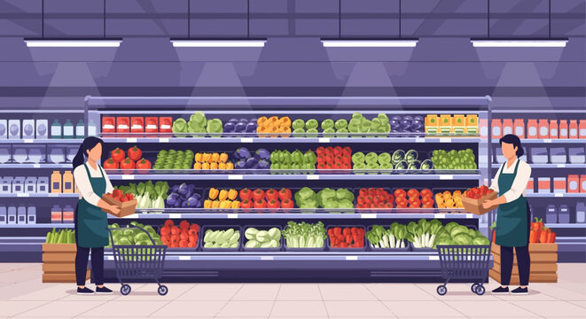 Female Grocery Store Workers Restocking Produce.