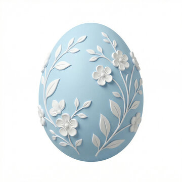 Soft powder blue Easter egg with white 3D floral relief pattern, isolated on white background