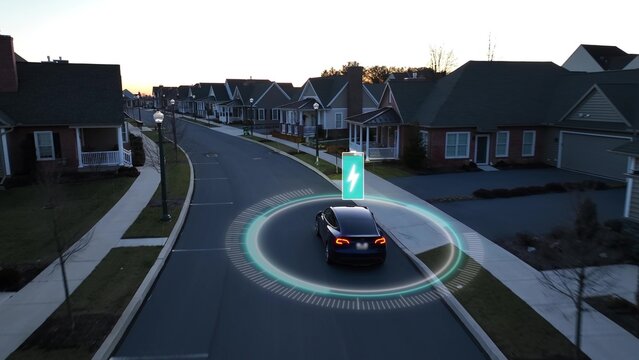 EV Electric vehicle driving through American neighborhood during sunset with full battery. Self driving sensors around car. Animated battery icon and obstacle avoidance ring