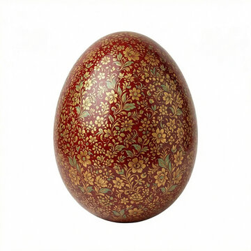 Dark red Easter egg with dense golden intricate floral print, isolated on white background