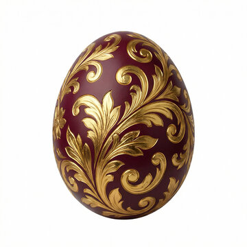 Deep burgundy Easter egg with golden baroque floral scroll ornament, isolated on white background